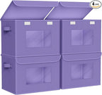Univivi Storage Bins with Lids [4-Pack] Fabric Lidded Storage Baskets Stackable Closet Storage Bins, Closet Organizers and Storage with Lid & Clear Window for Home, Office, Bedroom (Purple)