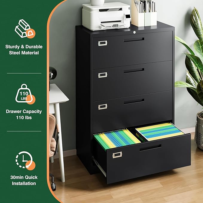Letaya File Cabinets,4 Drawer Metal Lateral Filing Organization Storage Cabinets with Lock,Home Office for Hanging Files Letter/Legal/F4/A4 Size (Require Assembly)