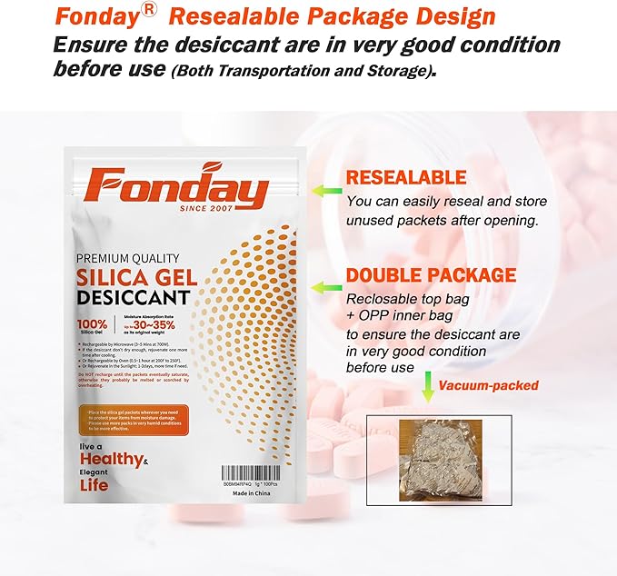 20g x 100 Packs Fonday Rechargeable Silica Gel Desiccant Packets Food Grade Fast Reactivate Desiccant Bags Moisture Indicating Orange to Green for Food Storage, Electronics, 3D Filament & Safes