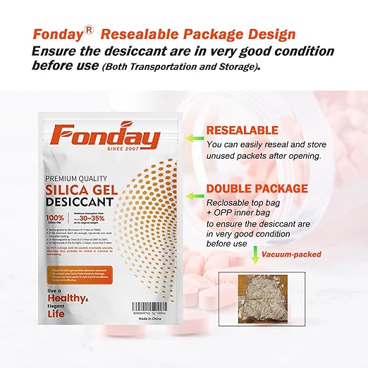 20g x 15 packs Fonday Rechargeable Silica Gel Desiccant Packets Food Grade Fast Reactivate Desiccant Bags Moisture Indicating Orange to Green