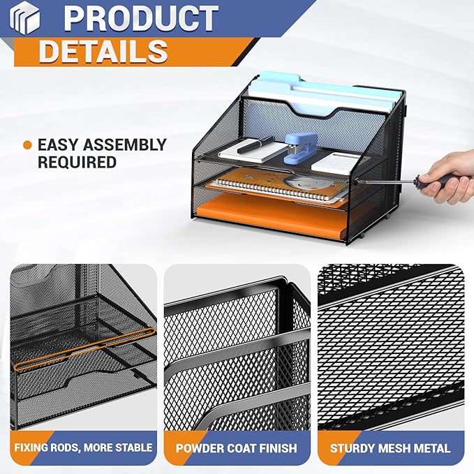 Letter Tray Organizer, Mesh Desk File Organizer with 3 Paper Trays and 2 Vertical Upright Section (Pink)