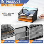 Letter Tray Organizer, Mesh Desk File Organizer with 3 Paper Trays and 2 Vertical Upright Section (Silver)