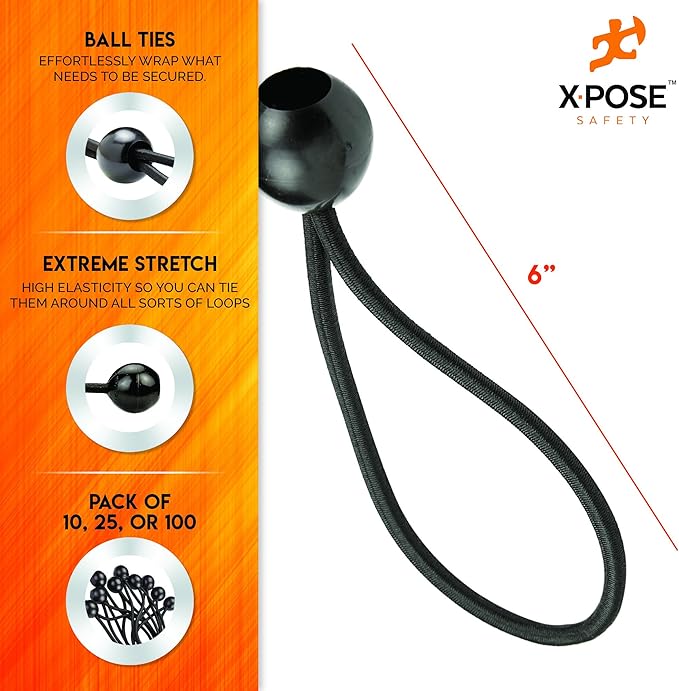 Xpose Safety Bungee Ball Cords 6" 100 Pack Heavy Duty Black Stretch Rope with Ball Ties for Canopies, Tarps, Walls, Cable Organization