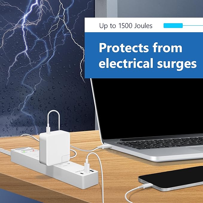 LIDER Outlet Extender with 4 Receptacles, USB-A and 2 USB-C, Ultra-Thin Flat-Plug with Cord Extender, 4-Outlet Power Strip, Slim Angled Design, Surge Protector, 1500 Joules, 5ft Cord, UL-Listed, White