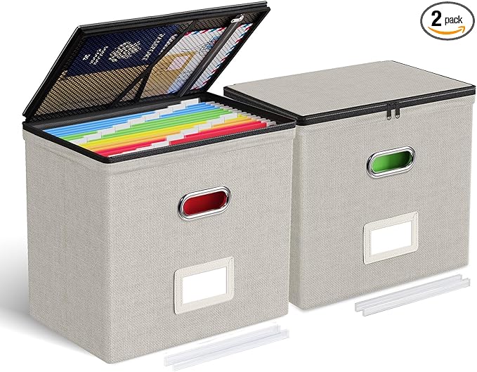 Oterri File Organizer Boxes with Lids, File Box with Mesh Pockets, Document Organizer Box for Letter Size Folders, Zippers Important Document Organizer (Beige, Small-2 Pack Without Folders)