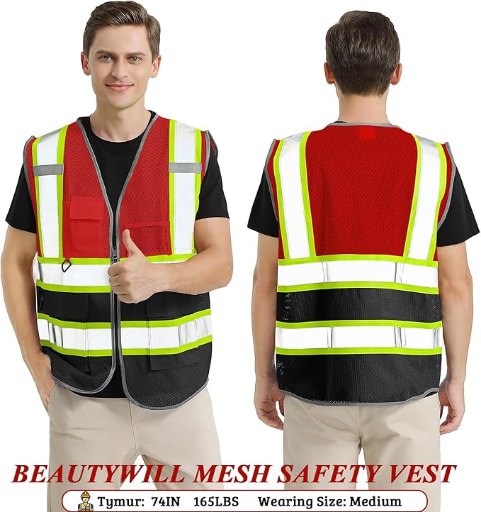 5 Pack Custom Mesh Safety Vest Customized Logo Class2 High Visibility Reflective Vest with Pockets Construction workwear（Red Black，3XL ）