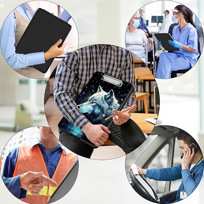 Clipboard with Storage,Office Supplies Nursing Clipboards Folder with Pen Holder Plastic Foldable Clip Board with Storage for Nurse Teacher,Misty Forest Wolf