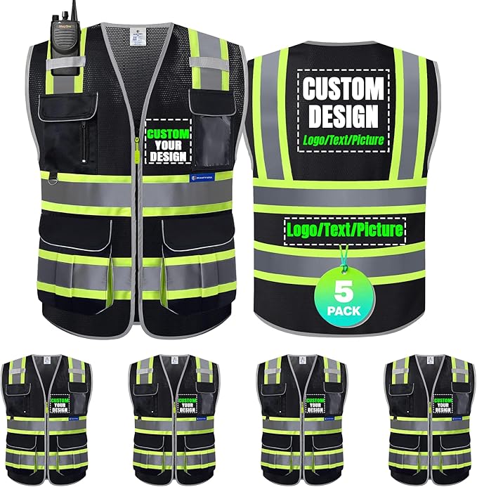 BeautyWill 5 Pack Safety Vest Class2 ANSI Certified Custom Logo High Visibility Reflective Vest for Men -10 Pockets Personalized Logo Heavy-Duty Work Vest（Mesh Black，3XL）