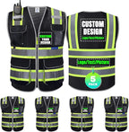 BeautyWill 5 Pack Safety Vest Class2 ANSI Certified Custom Logo High Visibility Reflective Vest for Men -10 Pockets Personalized Logo Heavy-Duty Work Vest（Mesh Black，XL）