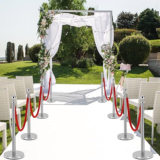8 PCS Stainless Steel Stanchion Post,5Ft Red Velvet Rope, Hollow Base and Velvet Ropes Safety Barriers Set, Poles Crowd Control Barriers for Red Carpet Themed Decoration