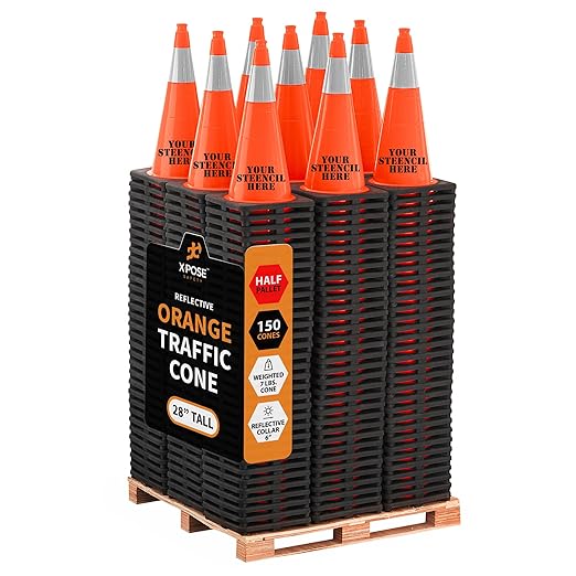 Xpose Safety 28 Inch Orange Traffic Cones 6" Collar - Bulk Half Pallet 150 Pack - Multipurpose PVC Plastic Safety Cone for Parking, Soccer, Caution, Kids, and Construction - DOT Approved