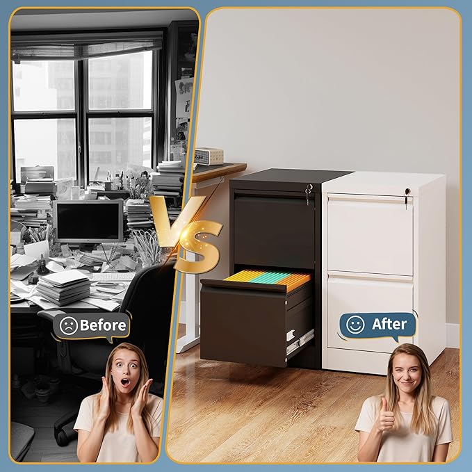 2 Drawer File Cabinet with Lock, Vertical Filing Cabinets for Home Office, Metal Storage Cabinets, Heavy Duty File Cabinet for Letter/Legal/A4/F4 Size Amssebly Required, Black
