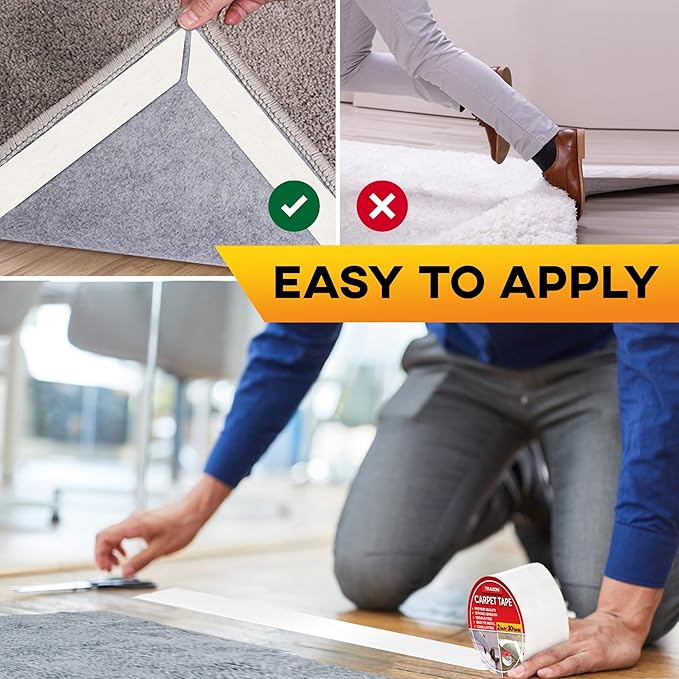 Trazon Carpet Tape Double Sided - Rug Tape Grippers for Hardwood Floors and Area Rugs - Carpet Binding Tape Strong Adhesive and Removable, Heavy Duty Stickers Tape, Residue Free (2 Inch / 30 Yards)