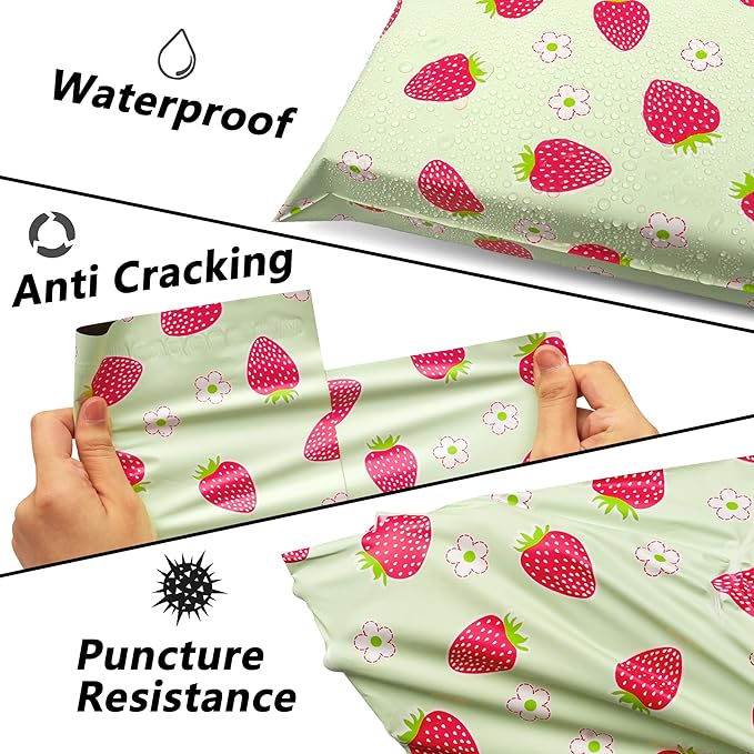 Poly Mailers 12x15.5 Inch 50 Pcs - Strawberries printed Shipping Bags, 2.4mil Thickness, Waterproof and Tear Resistant Mailing Envelopes, Self-Sealing Packaging Bags for Small Business