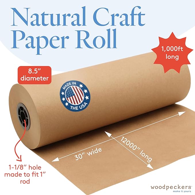 Woodpeckers Brown Kraft Paper Roll 30 inch Wide, 12000 inch Long, 1 Roll, Jumbo Roll for Eco Friendly Christmas Gift Wrapping Paper and Packing Paper
