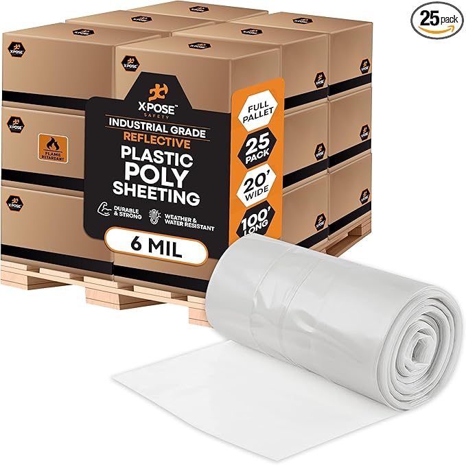 Xpose Safety Clear Plastic Sheeting (Bulk Half Pallet 25 Pack) – 20' x 100' Rolls – Heavy Duty 6 Mil Fire Retardant Poly Sheet – Waterproof, Dustproof, Vapor Barrier – Construction,Painting,Industrial