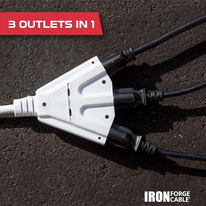 Iron Forge Cable 25ft White Outdoor Extension Cord with 3 Outlets - 14/3 SJTOW Oirl Resistant 15 Amp 25ft Extension Cord 3 Prong - Multiple Outlets with Lighted End