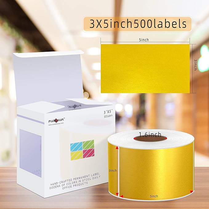 PARLAIM 3" x 5" Inch Rectangle Color Code Stickers,500 per Dispenser Box Roll Label,Adhesive Roll Square Label Stickers for Inventory(Glod)