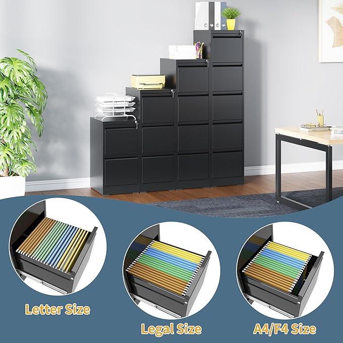 5 Drawer File Cabinet with Lock, Vertical Filing Cabinets for Home Office, Metal Storage Cabinets, Heavy Duty File Cabinet for Letter/Legal/A4/F4 Size Amssebly Required, Black