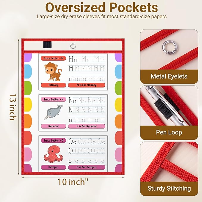 AKONEGE 50 Pack Oversized Dry Erase Pocket Sleeves - 10 x 13 Inch Ticket Holders Reusable Clear Plastic Sleeves Sheet Page Protectors for School Teacher Supplies & Classroom Organization, 5 Colors