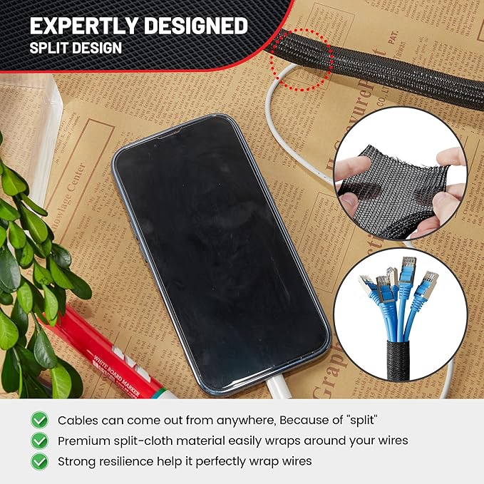 RED WOLF Braided Wire Cable Sleeve Split Wiring Sleeving 10 Feet - 1/2" Flexible Self-Wrap for Automotive Computer Cable Cord Management Cover Protector, Anti-Scratch High-Temperature Black