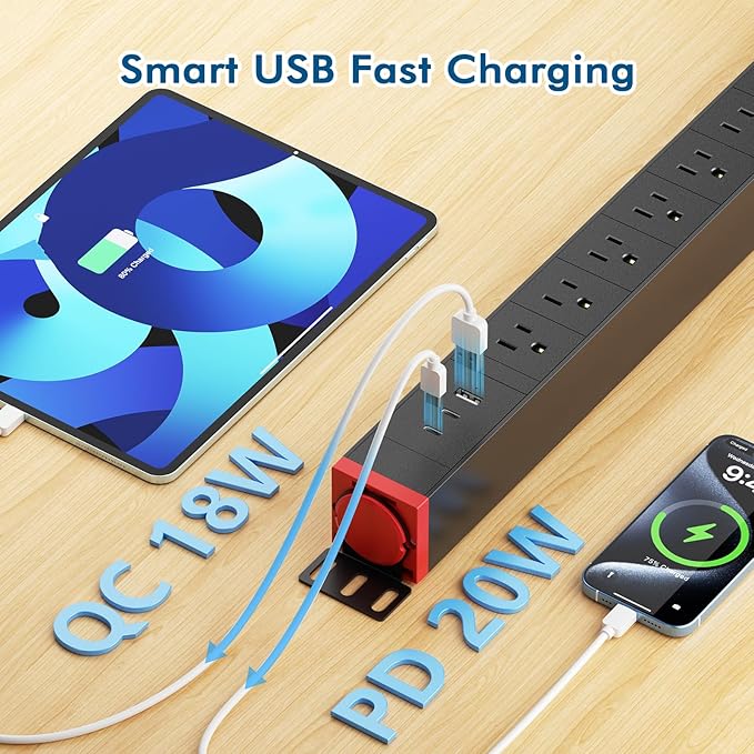 360° Rotating Mountable Power Strip with USB Ports, 8 Outlet Surge Protector Power Strips Wall Mount, Metal Heavy Duty Versatile Outlet with 6FT Power Cord,For Home Office Industrial Garage Commercial
