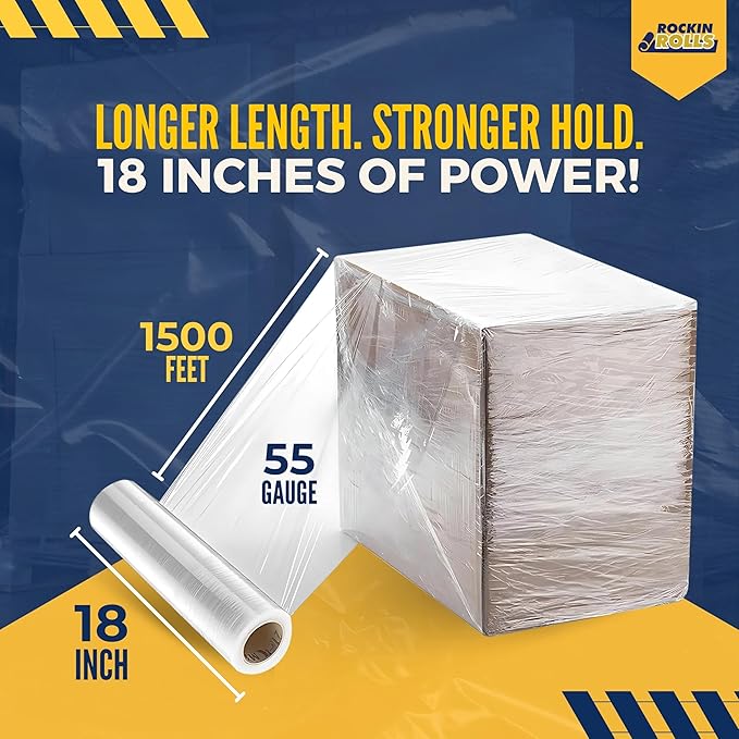 Rockin Rolls Stretch Film Wrap – 18" x 1500 FT x 55 Gauge, 1 Roll Heavy Duty Pallet Wrap, Clear Plastic Moving Wrap for Packing, Shipping, Furniture & Luggage – Durable Self-Adhering Shrink Wrap Roll