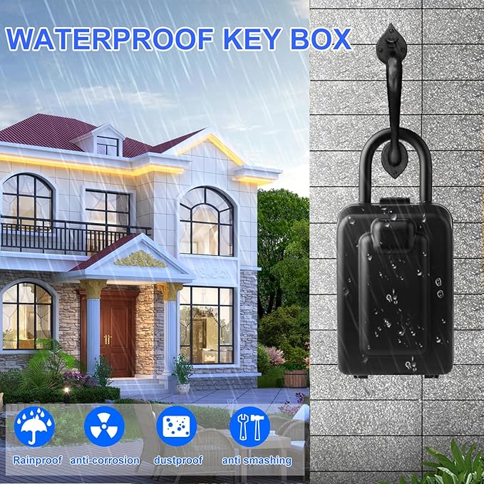Key Lock Box, 12-Digit Code, Weatherproof Wall Mount, Large Capacity 5-8 Keys, Aluminum Alloy (Silver, 3.58 * 2.24 * 7.8IN with Shackle)