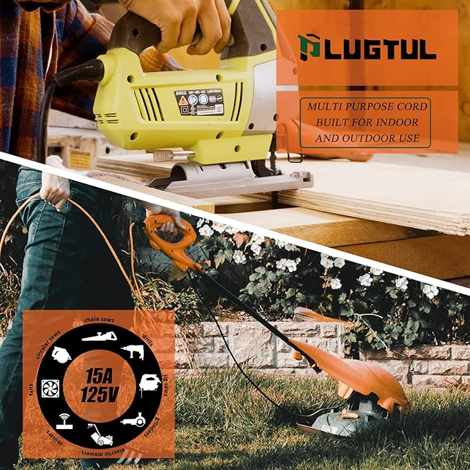 PLUGTUL 12/3 Outdoor Extension Cord 15 FT Waterproof, Heavy Duty 12 Gauge SJTW Extension Cord, 15A 1875W, ETL Listed, Great for Garden and Home, Orange