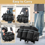 Large Cleaning Caddy with Detachable Trolley & Shoulder Strap, Cleaning Supplies Bag with Handles & Support Plates, Cleaning Product Rolling Organizer for Car Wash and Housekeeping