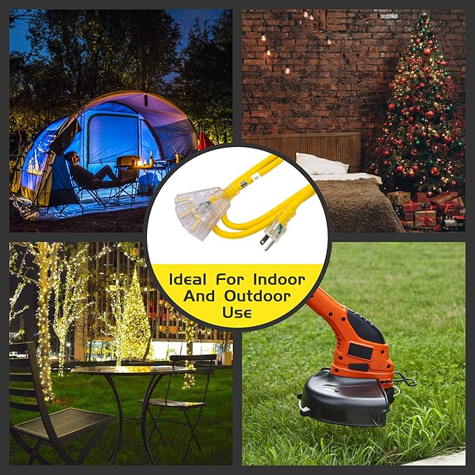 3-Outlets Indoor Outdoor Extension Cord Weatherproof with Lighted End, UL Listed, 12 Gauge 15FT Yellow 3 Prong Heavy Duty, 12/3 SJTW 15A Extension Cord