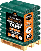 Heavy Duty Poly Tarp 10' x 20' - Bulk Half Pallet (120 Pack) Thick Waterproof, UV Blocking Protective Cover - Reversible Green & Black - 10 Mil Thick Polyethylene - by Xpose Safety