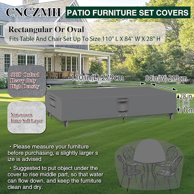 Heavy Duty Patio Furniture Covers Waterproof, 600D Outdoor Furniture Cover Waterproof for Sectional Sofa Couch, Outdoor Dining Table and Chair Set Covers 110''L x 84''W x 28''H, Grey