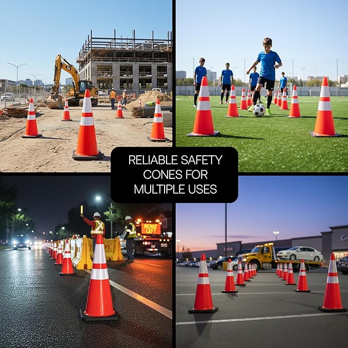 Brimar 28 Inch Traffic Cones, 6 Pack, Orange PVC Safety Cones with Black Base for Construction, Road Parking, MUTCD Approved Traffic Cones with 3M Reflective Bands, Structurally Stable Wearproof