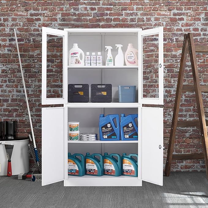 STANI Metal Storage Cabinet, Locking Steel Cabinet with Shelves, Tall Metal Utility 2 Doors, Lockable Steel Cabinets for Home Office (4 Doors, White)
