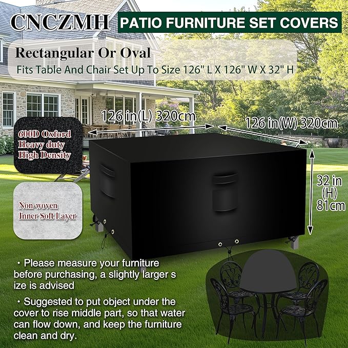 Square Heavy Duty Patio Table Covers Waterproof, 600D Outdoor Dining Table and Chair Set Covers, Outdoor Furniture Cover Waterproof for Sectional Sofa Couch 126''L x 126''W x 32''H, Black