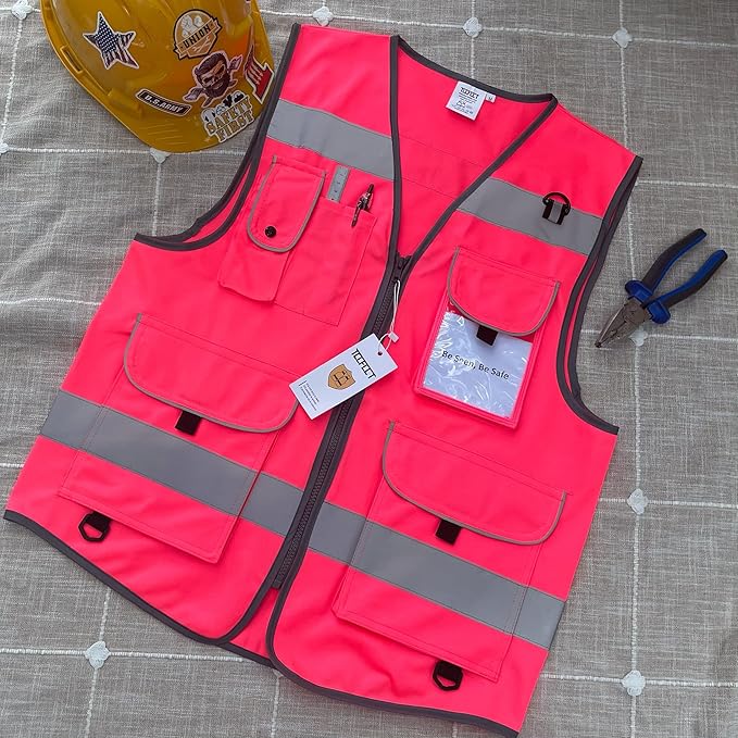TCCFCCT Safety Vest 9 Pockets High Visibility Reflective Safety Vest for Men Women, Hi Vis Work Vest with Reinforced Sewing, Durable to Use, Meets ANSI/ISEA Standards, (Pink, 3X-Large)