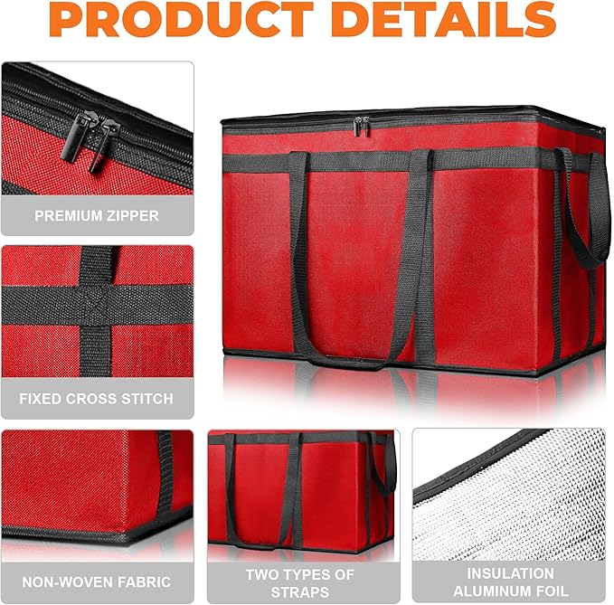 Pack of 2 Insulated Food Delivery Bag with Hard Bottom, XXXL Large Reusable Thermal Cooler Grocery Tote Bag, Commercial Pizza Delivery Box Carrier for Uber Eats, Doordash Essentials, Hot and Cold Food