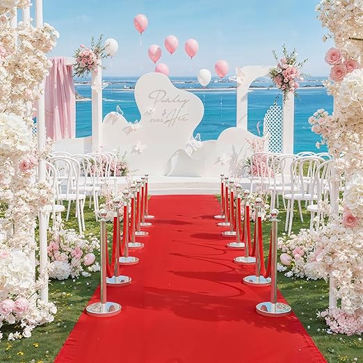 6Pcs Stainless Steel Stanchion Posts with 5ft Red Velvet Ropes - Crowd Control Barriers & Queue Line Kit with 26ft Red Carpet for Wedding, Party, Theater Supplies