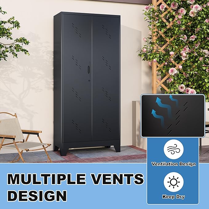 Broom Closet Storage Cabinet, 71" Metal Garage Cabinets with Lock & Hanging Rods, Utility Closet for Brooms and Mops, Cleaning Tool Cabinet for Home Office, Laundry Room