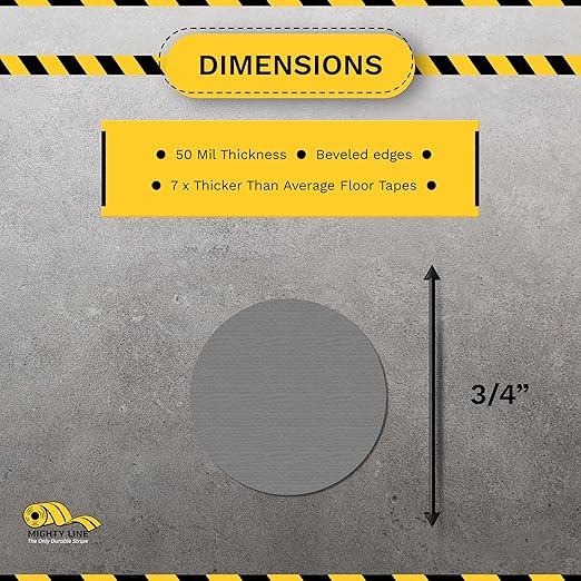Mighty Line 3/4" Solid Dot Shaped Floor Marking Tape for Safety, Caution, Warning, Heavy-Duty, Peel and Stick, Adhesive Circle Spots, Industrial Quality, Gray, Pack of 200