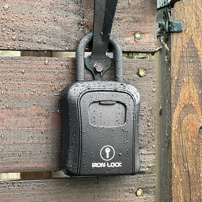 Iron Lock® Key Lock Box Portable with U-Shackle & Wall Mount – Medium Waterproof Heavy-Duty Metal Safe with 4-Digit Combination for Spare Keys Outside on Door Knob, Fence or Gate (Black, Medium)