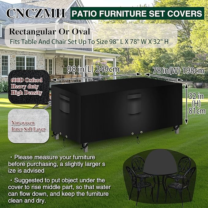 Heavy Duty Patio Furniture Covers Waterproof, 600D Outdoor Furniture Cover Waterproof for Sectional Sofa Couch, Outdoor Dining Table and Chair Set Covers 98''L x 78''W x 32''H, Black