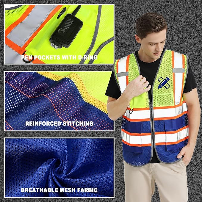 BeautyWill Custom Mesh Safety Vest Customized Logo Class2 High Visibility Reflective Vest with Pockets Construction workwear（Yellow Blue，3XL ）