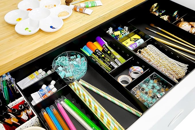 CAXXA 3 Slot Drawer Organizer with 4 Adjustable Dividers - Junk Drawer Storage for Makeup & Vanity, Office Desk Supplies and Accessories (BLACK, 1 PACK)