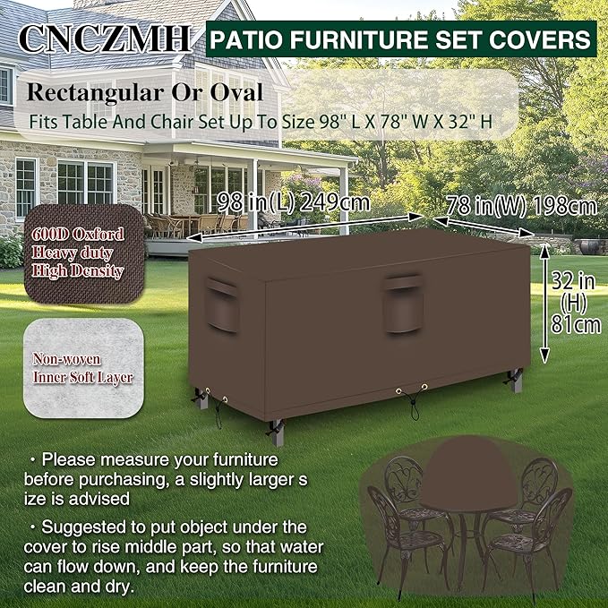 Heavy Duty Patio Furniture Covers Waterproof, 600D Outdoor Furniture Cover Waterproof for Sectional Sofa Couch, Outdoor Dining Table and Chair Set Covers 98''L x 78''W x 32''H, Brown
