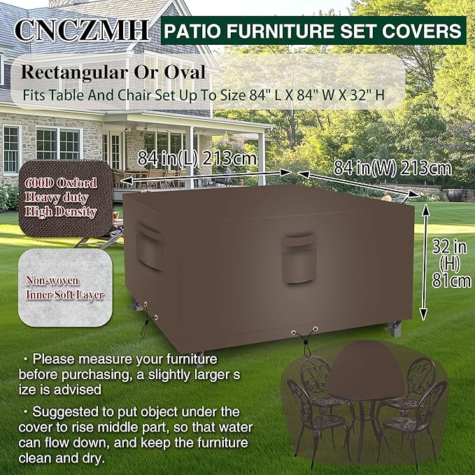 Square Heavy Duty Patio Table Covers Waterproof, 600D Outdoor Dining Table and Chair Set Covers, Outdoor Furniture Cover Waterproof for Sectional Sofa Couch 84''L x 84''W x 32''H, Brown