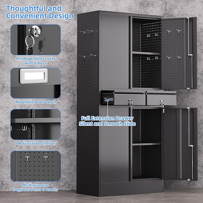 71" H Metal Garage Storage Cabinet with Pedboard and Adjustable Shelves,Metal Tool Storage Cabinet with 2 Drawers for Garage, Warehouse,Utility Room,Assembly Required,Black
