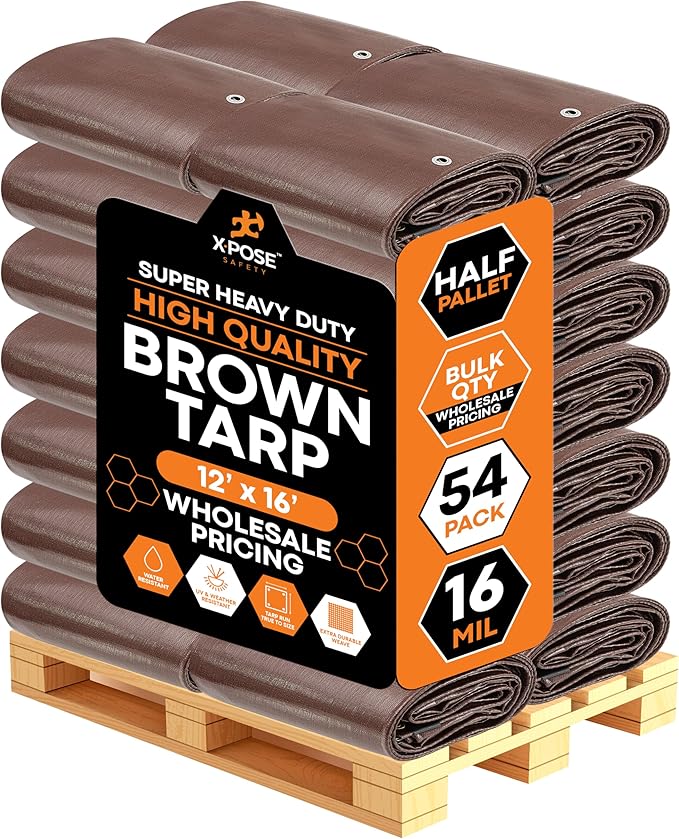 Super Heavy Duty Brown Poly Tarp 12' x 16' - Bulk Half Pallet (54 Pack) Thick Waterproof, UV Blocking Protective Cover - 16 Mil Thick Polyethylene - by Xpose Safety