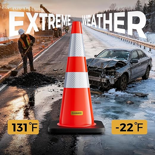 10 Pack 28 Inch Traffic Cones with Black Base, from -22℉ to 131℉, MUTCD-Compliant Orange Safety Cone with Reflective Collar ＆ Extra Caution Tape for Parking Lot, Construction Work, Road Safety